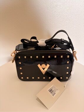 Black Patent Studded Crossbody Bag with Gold Hardware